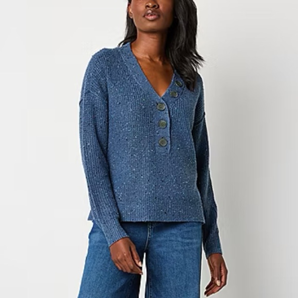 Women's Blue V-Neck Waffle Knit Confetti Sweater